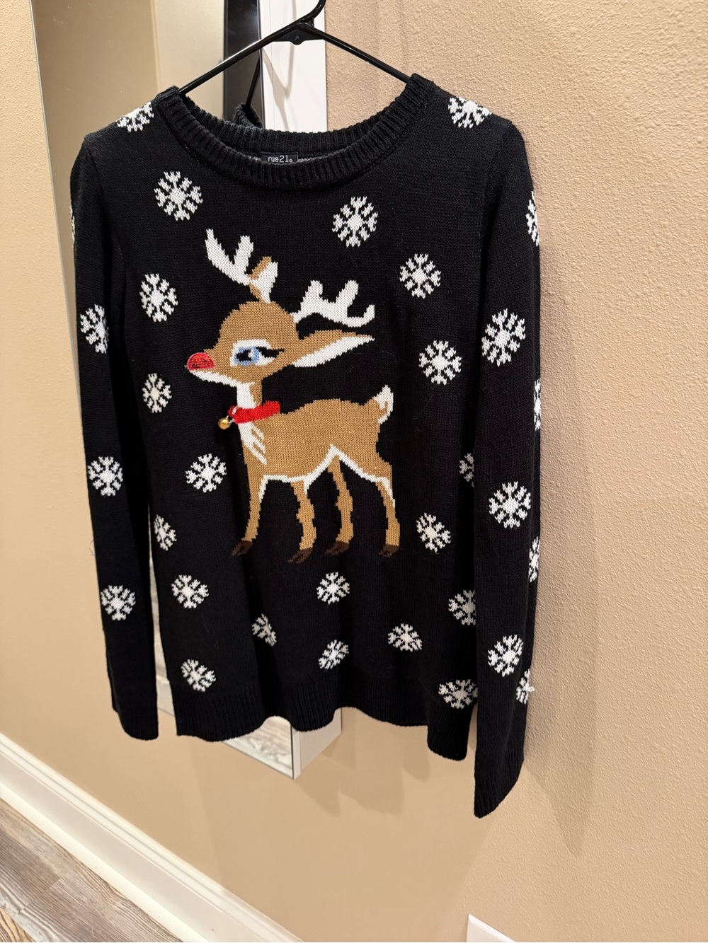 Rue21 Black Crewneck Reindeer Sweater with White Snowflakes
